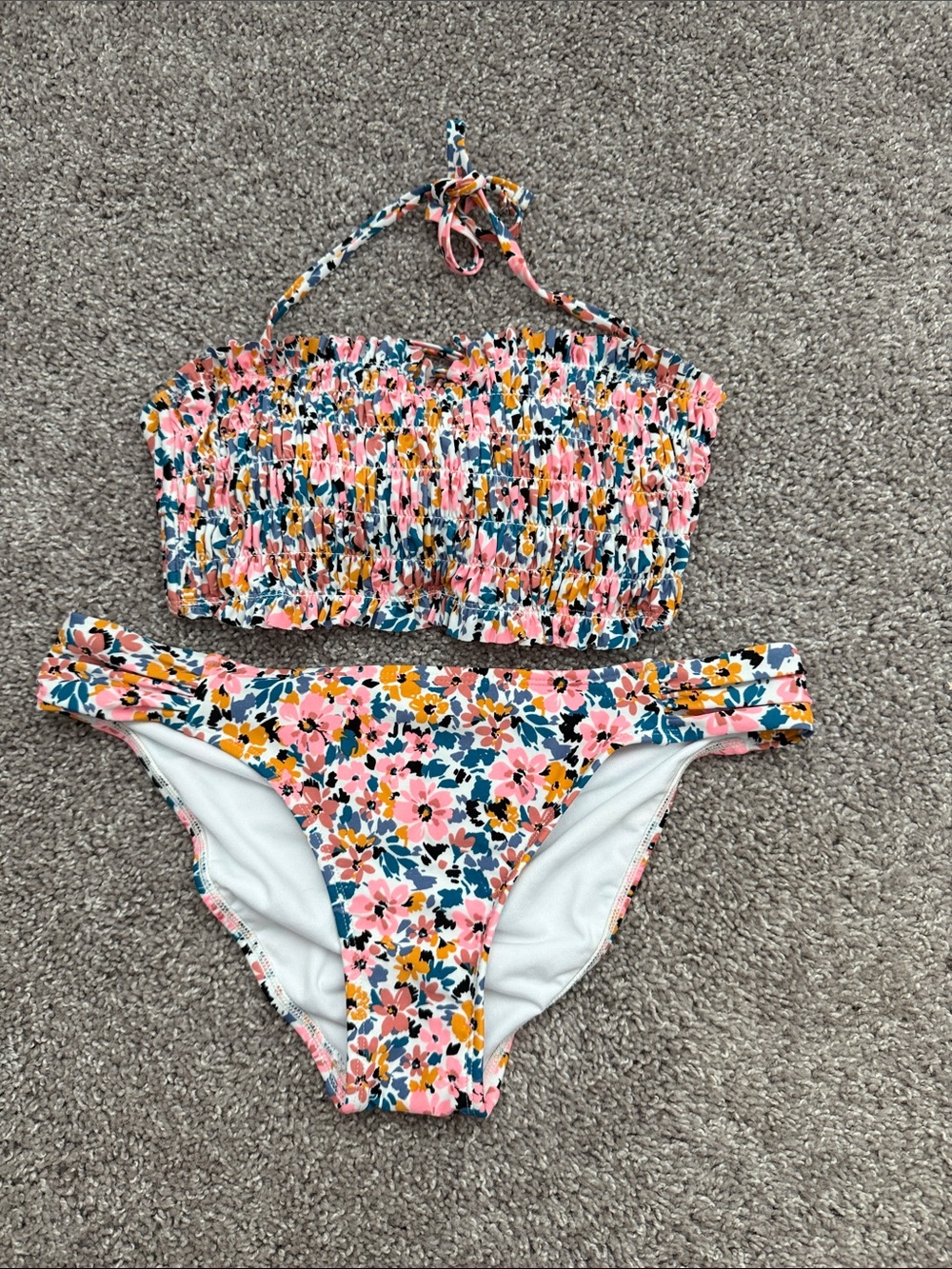 Xhilaration Pink Teal Mustard Floral Smocked Bikini Set